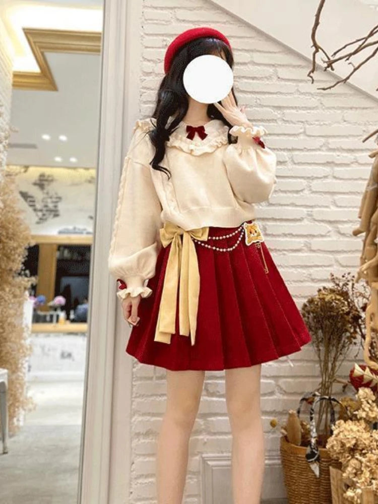 3 Christmas Mini Skirt Set |Winter Warm Bow Kawaii Lolita Mini Skirt Set | Festival Outfit