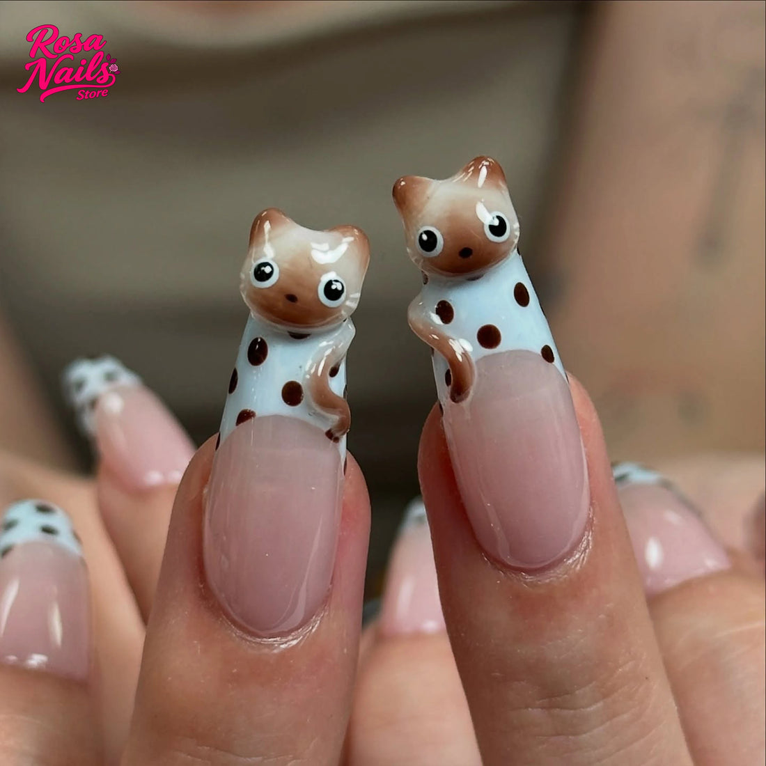 3D Polka Dots Nails | Press on Nails Handmade Kitties Nail Art | Hand Sculpted Long Coffin