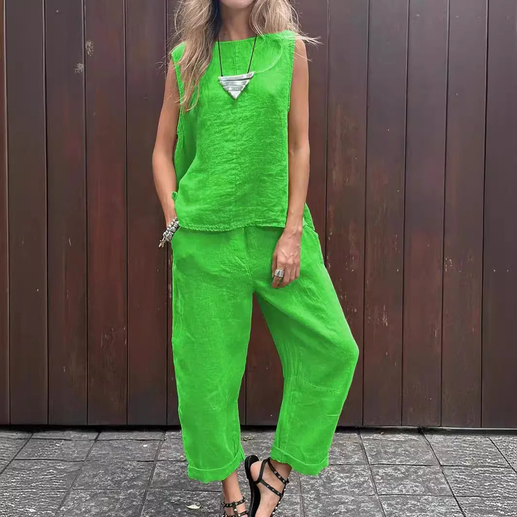 2 Piece Linen Suit Women's | Spring Summer New Solid Sleeveles Cotton And Linen Women's Suit