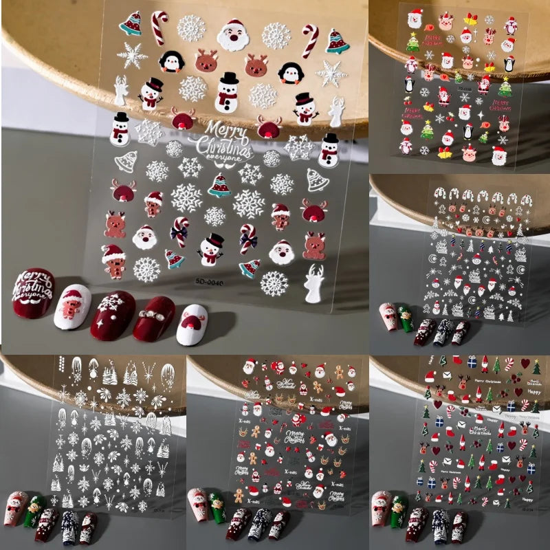 Snowflakes Nail Stickers | Christmas White Snowflakes Nail Art Sticker | 5D Embossed Cartoon Xmas Manicure