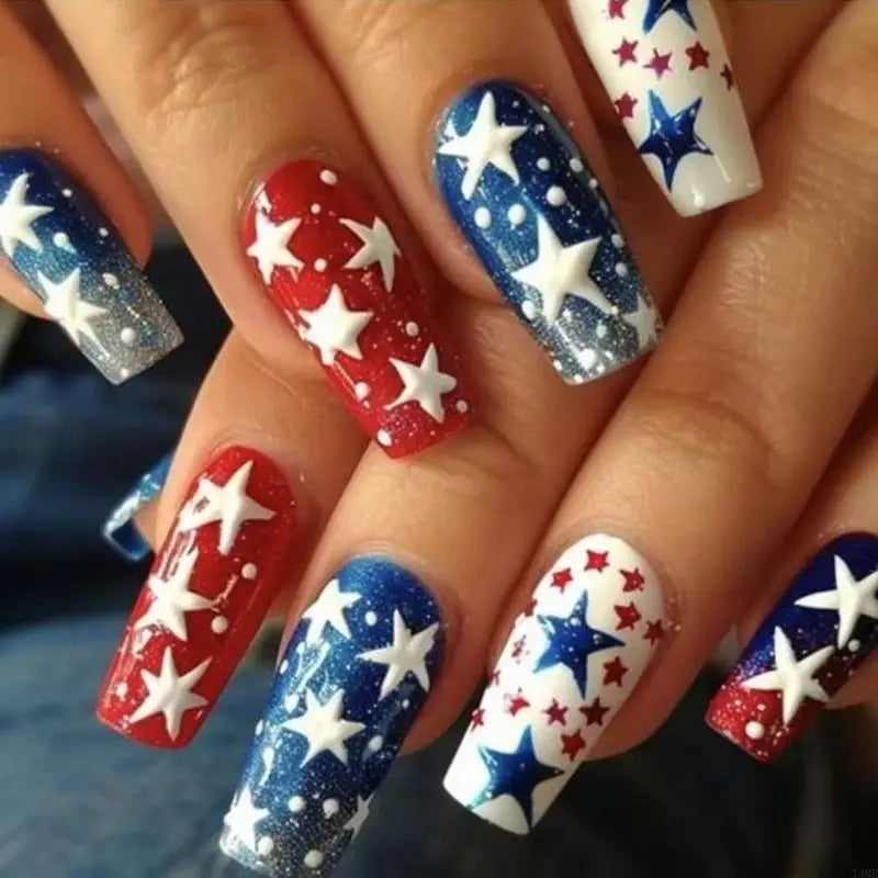 Long Coffin French Tips: 4th of July Press-On Nails with Glue