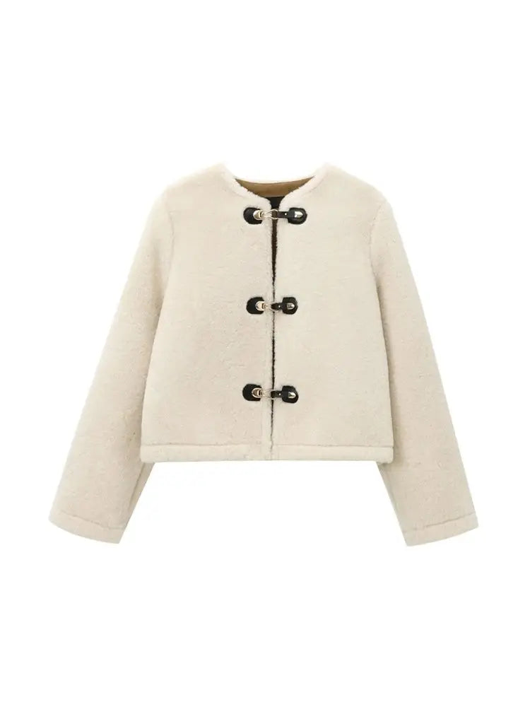 Thick Faux Fur Jacket for Women, Long Sleeve Coat, Front Toggle, Female Outerwear
