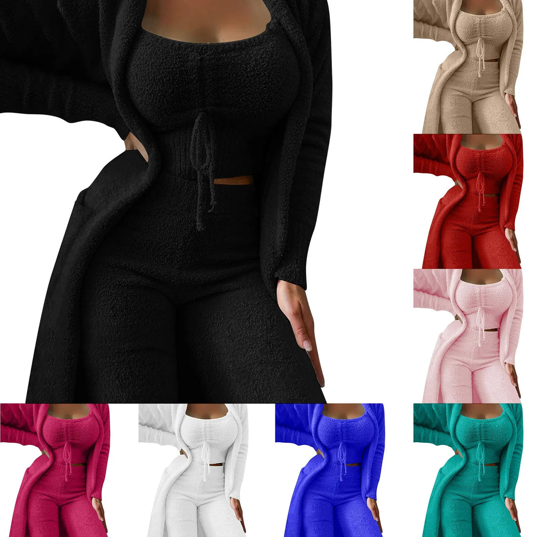 Loungewear Set – Crop Tank, Wide-Leg Pants & Fuzzy Kimono