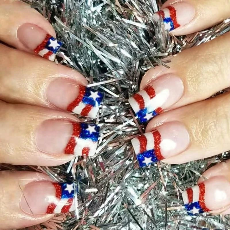 40JD 24 Pcs 4th of July French Tip Press-Ons: Short & Chic Patriotic Nails