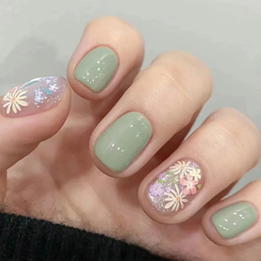 24 Blue Nails With Designs | Blue Flower False Nails Press on Wearable Ballerina Nail Tips