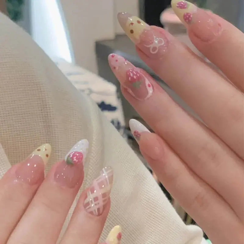 10 Almond Press On Nails with Pink Strawberry Bear Design Acrylic False Nails