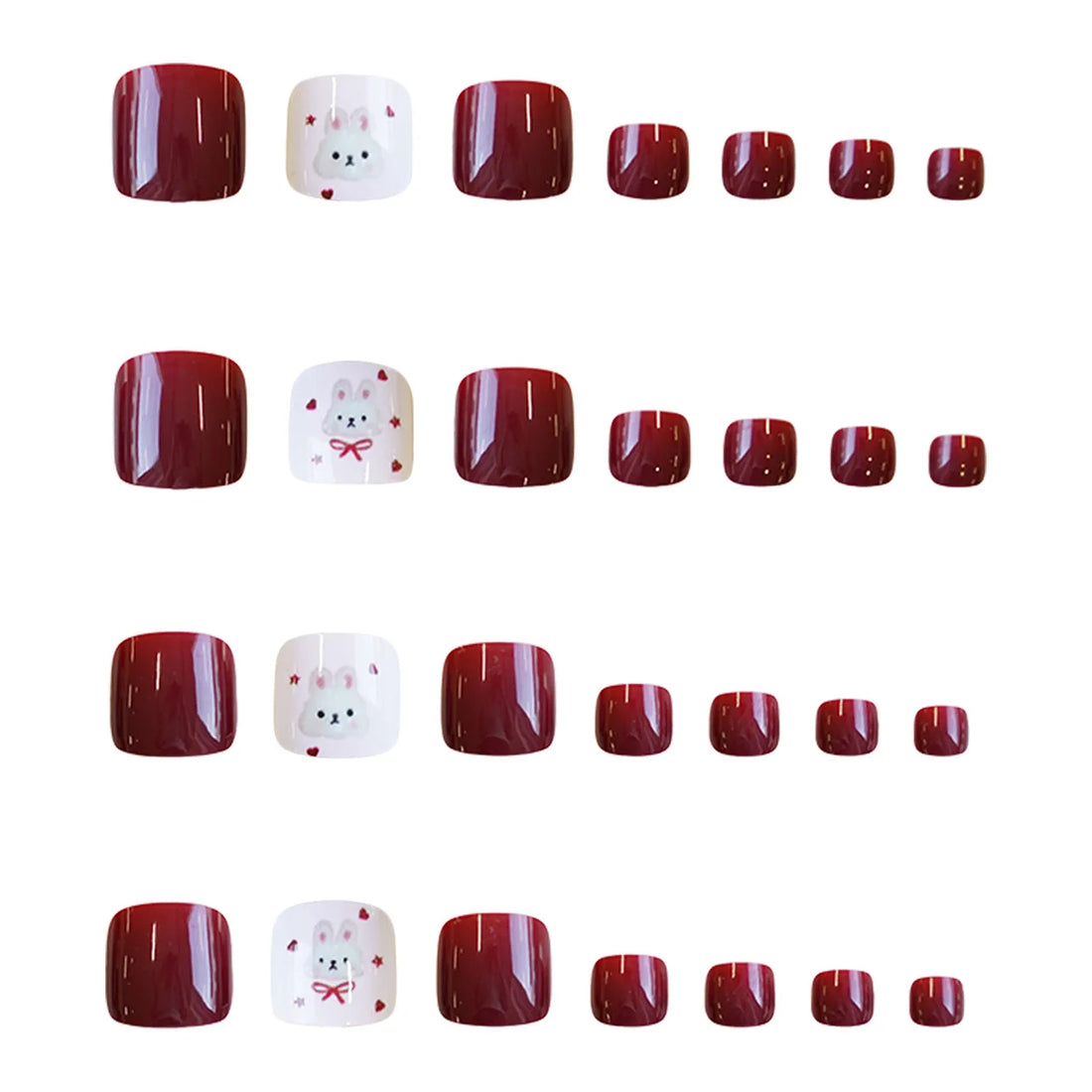 24pcs Wine-red Heart & Cute Bunny Toenails | Cross-border Watercolor Painting Cute Graffiti Nail Art