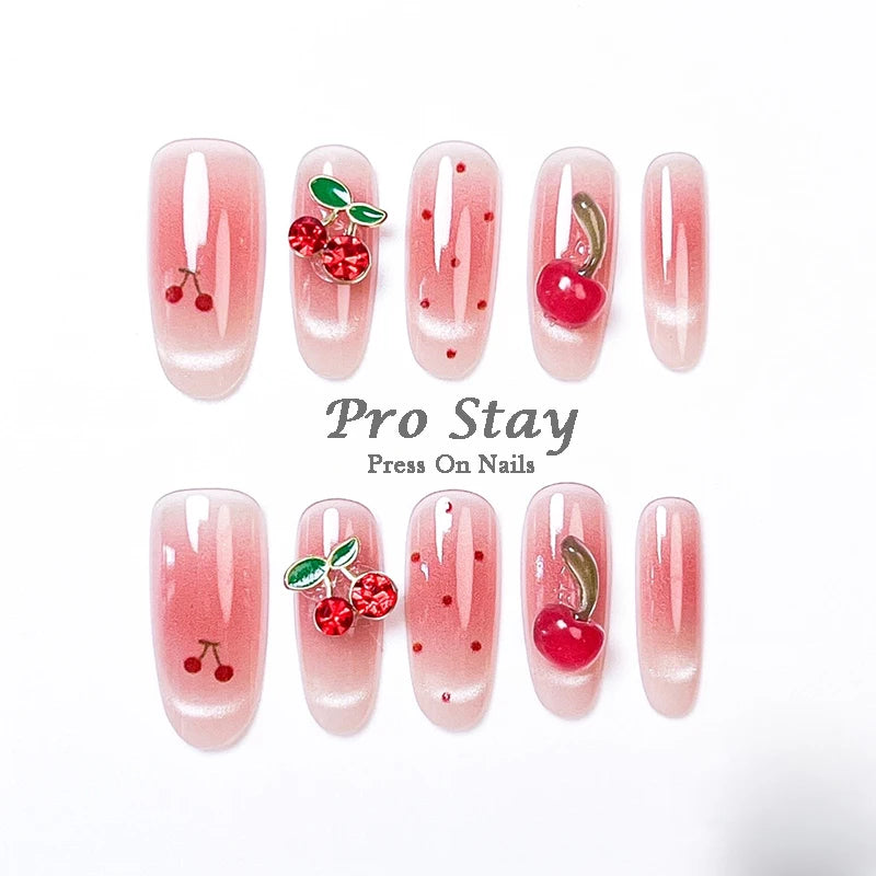 10 Pink Cherry Nail Design | 3d Pink Cherry & Heart Fake Nail With Diamond Reusable Tips
