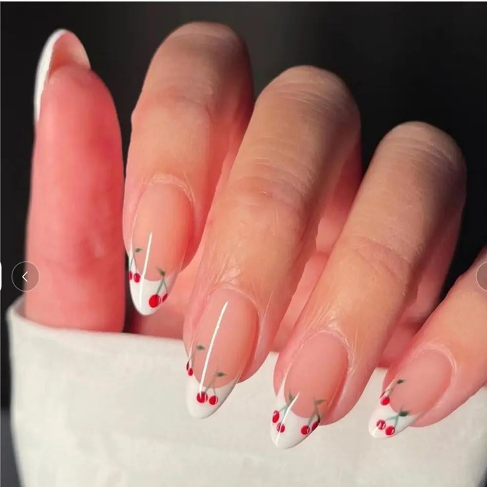 24  Acrylic False Nails | Cherry French Almond Wearable Artificial Fake Nails