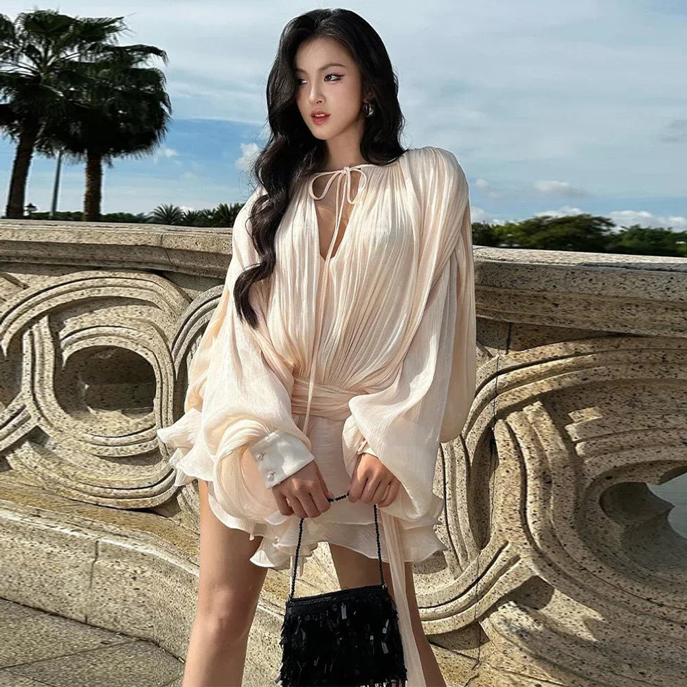 Suninheart Women 2 Piece Set Casual | Lace Up Long Slevees Loose Ruffles Shirt High Waist Bottom Short