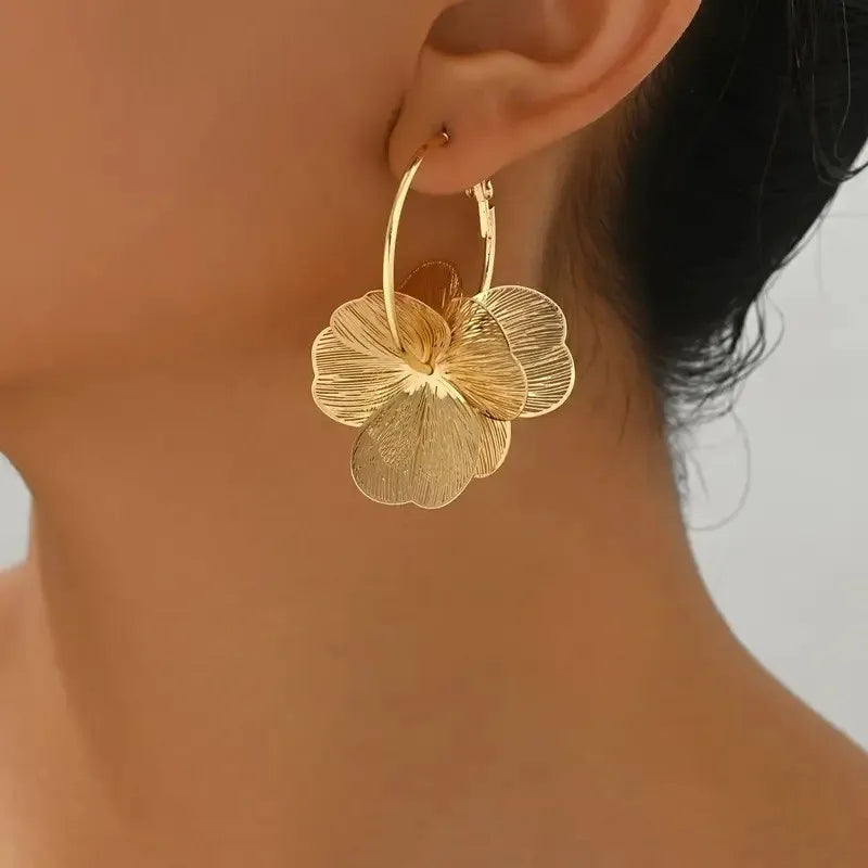 Golden Double-Layer Hollow Flower Hoop Earring for Women | Vintage Earrings
