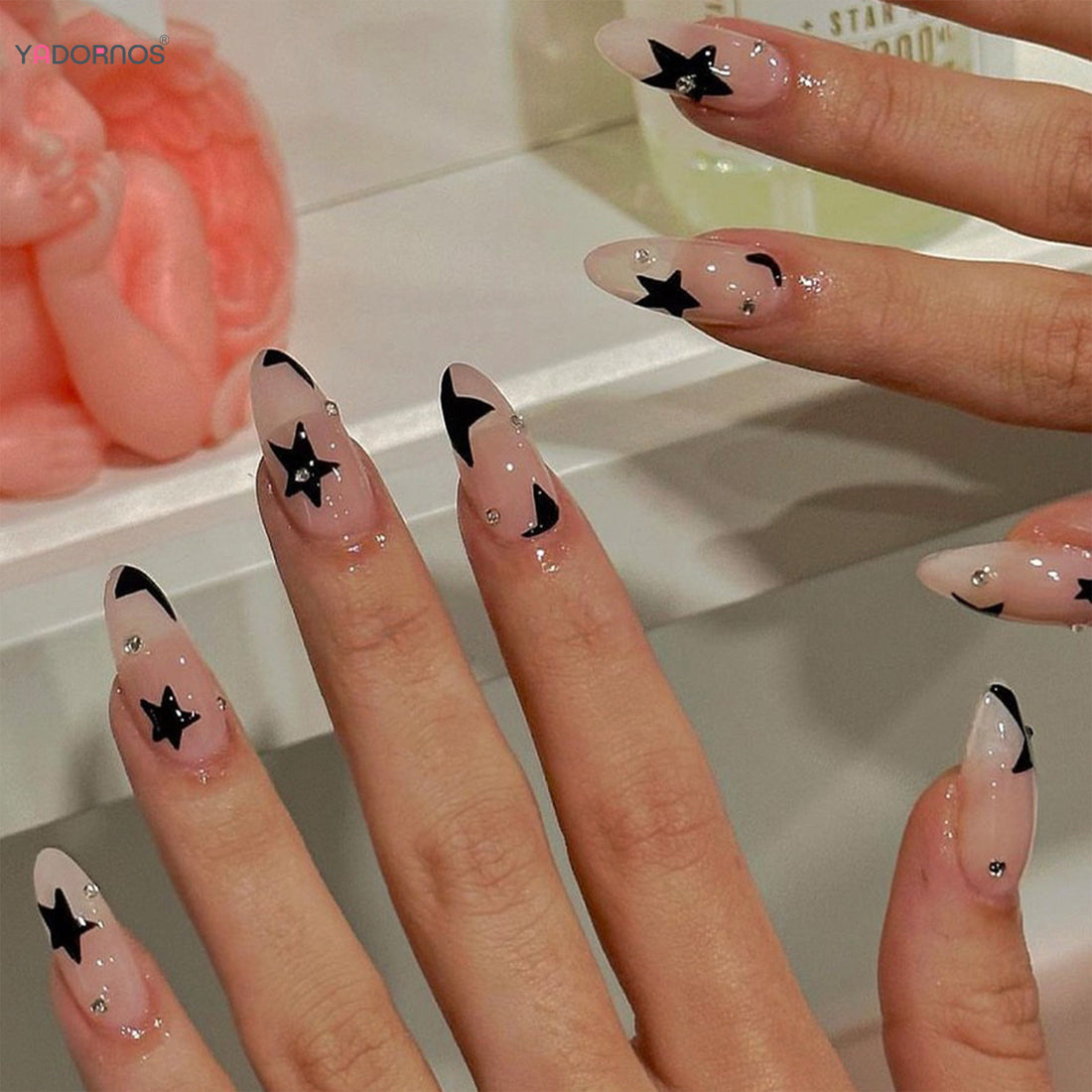24 Y2k Almond Nails | Star Diamond Designs for Girls | Nude Color Fake Nails