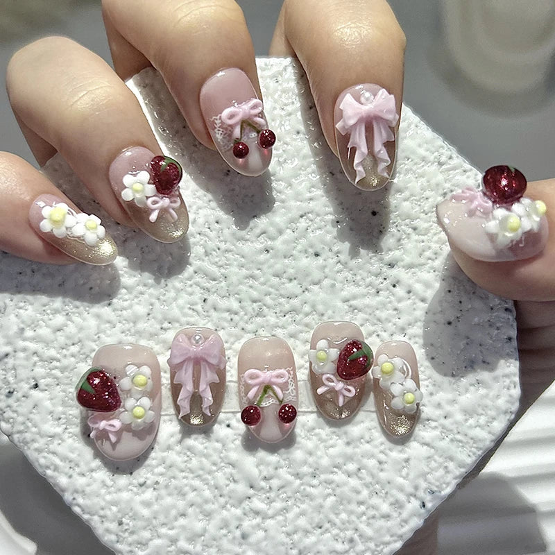 10 September Nails Designs Simple | 3D Bow Cherry Strawberry Cat Eye Fake Nails
