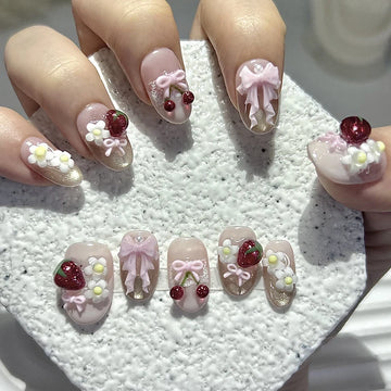 10 September Nails Designs Simple | 3D Bow Cherry Strawberry Cat Eye Fake Nails