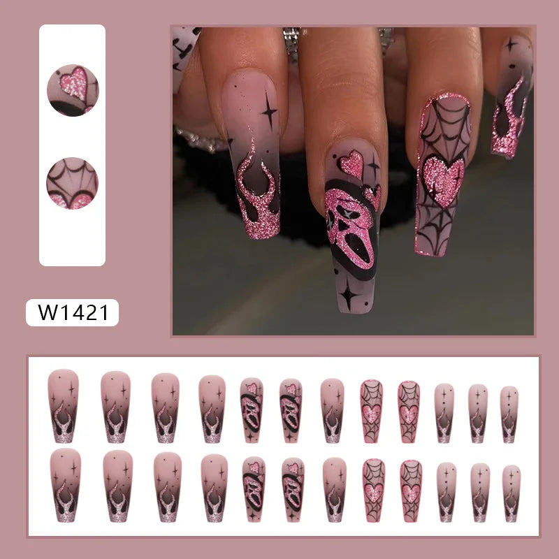 24pcs glitter pink summer nails | Halloween Scary Skull Love Print False Nails
