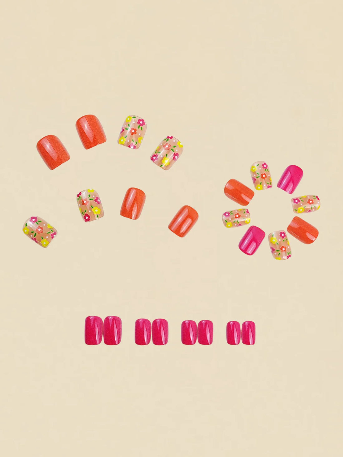Short pink and orange square nail stickers for spring and summer