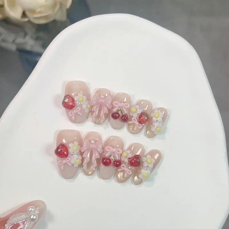 10 Bow And Cherry Nails Pink | Handmade Press on Nails | 3D Bow Cherry Nails