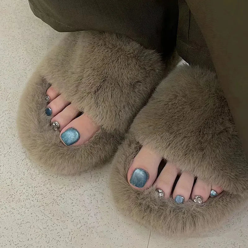 24 Blue Cat EyeTtoenails | Summer Square Fake Toe Nail | Full Cover Shiny False Toe Nails