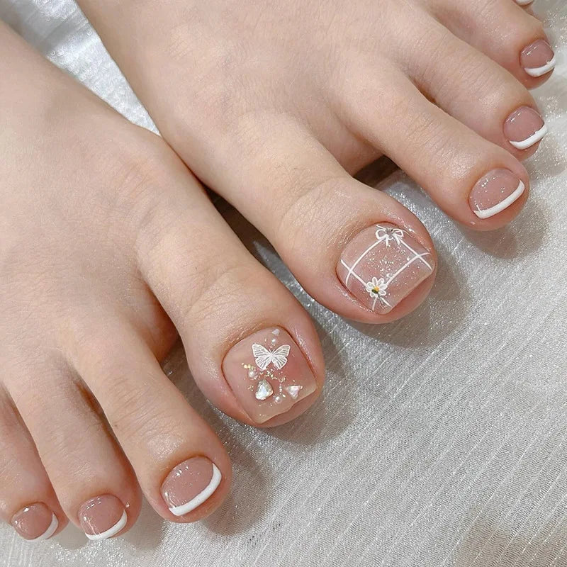 24Pcs Nude Toenails |White French Tips Fake Nails | Fairy Butterfly Flower Printed
