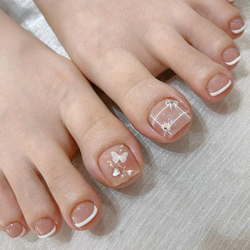 24Pcs Nude Toenails |White French Tips Fake Nails | Fairy Butterfly Flower Printed