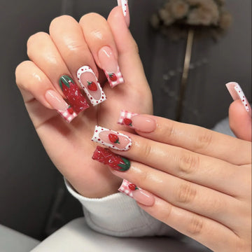 24 Strawberry Red Nails | 3D Strawberry Red French Sweet Fake Nails Wearable Fashion Nail Tips Art Summer