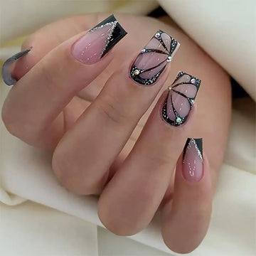 24 Back To School Nails 9th Grade | Black Butterfly Wings Fake Nails | Full Cover Press on Nails