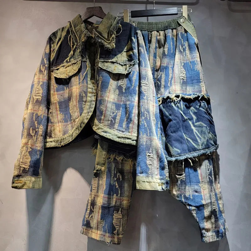 Vintage Denim Jacket Outfit | Plaid Patchwork Denim Jacket Loose Elastic