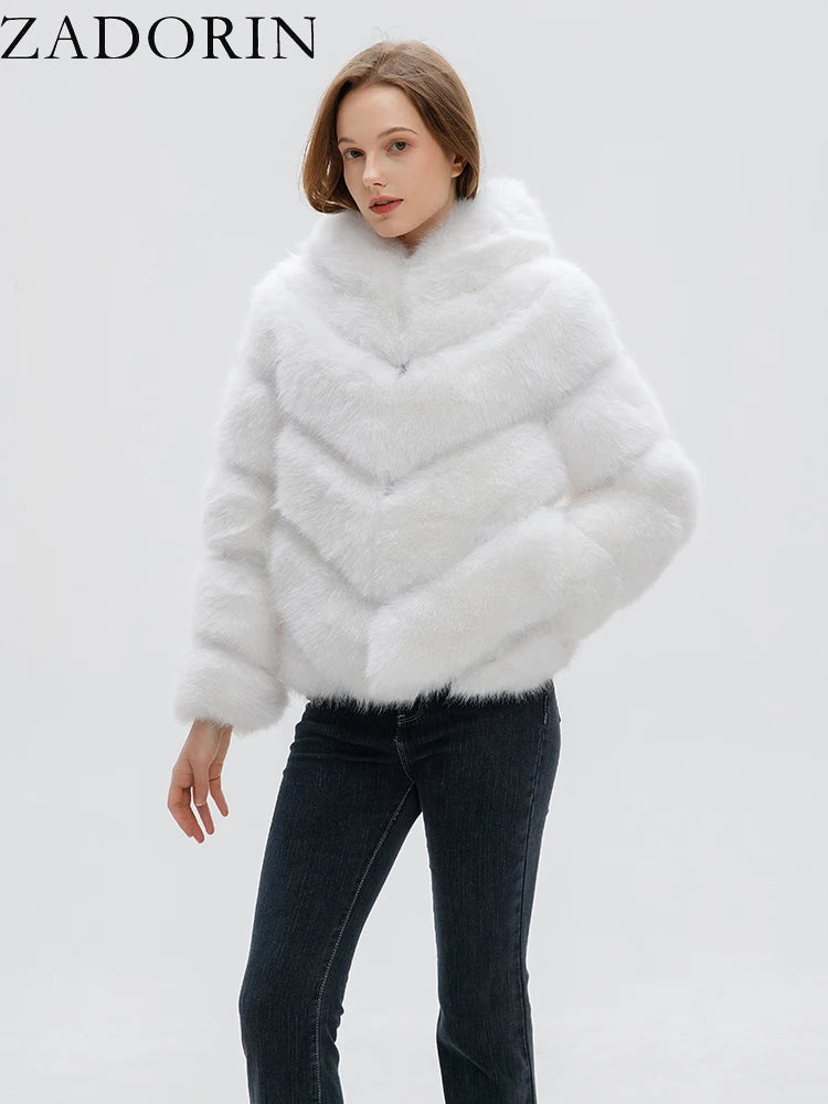 Fashion Hooded Splicing Fluffy Jacket Women | Winter Long Sleeve White Faux Fur Coat