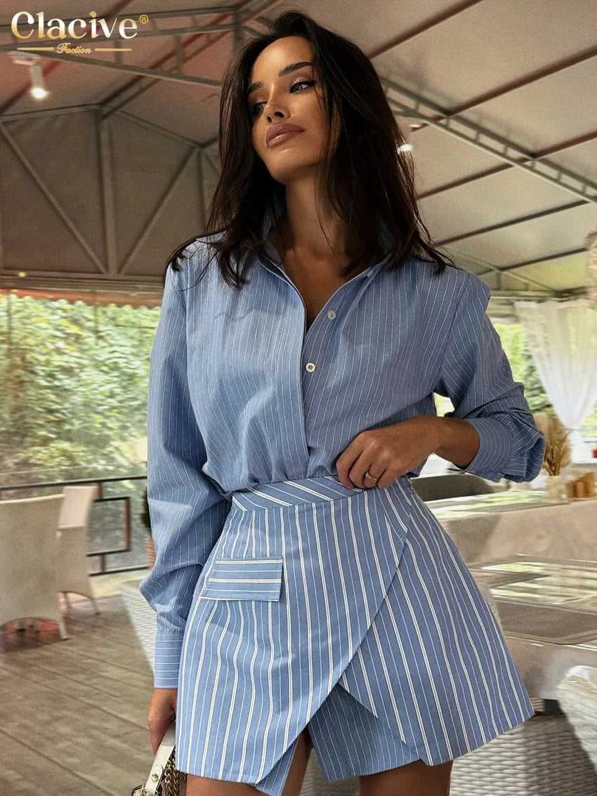 Long Sleeve Shirt | Clacive Fashion Loose Stripe Print Woman 2 Piece Set