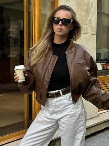 Short Leather Women's Jacket Casual Vintage O-neck