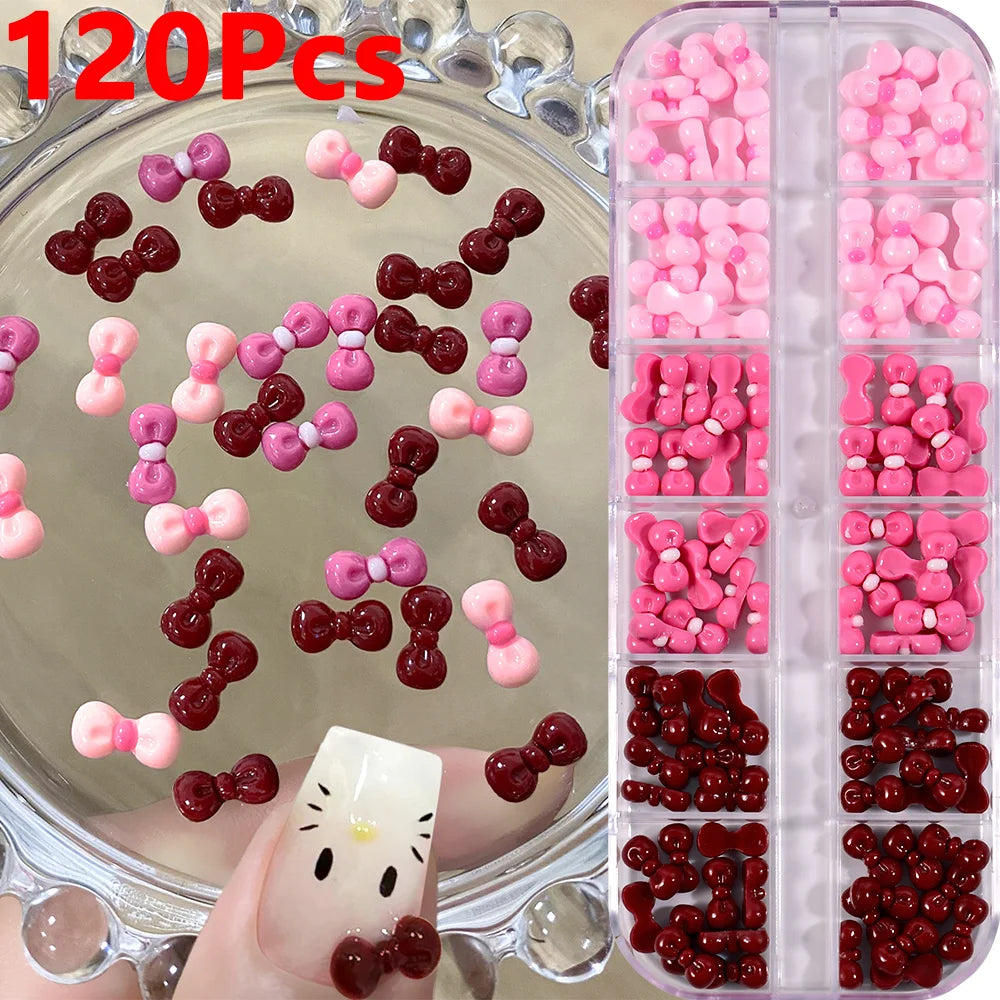 120Pcs 3D Cartoon Pink Summer Nails | 0.95*0.45mm Bowknot Rhinestones