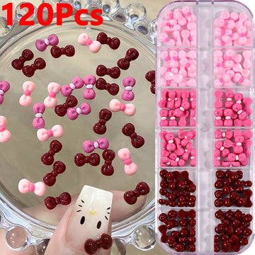 120Pcs 3D Cartoon Pink Summer Nails | 0.95*0.45mm Bowknot Rhinestones