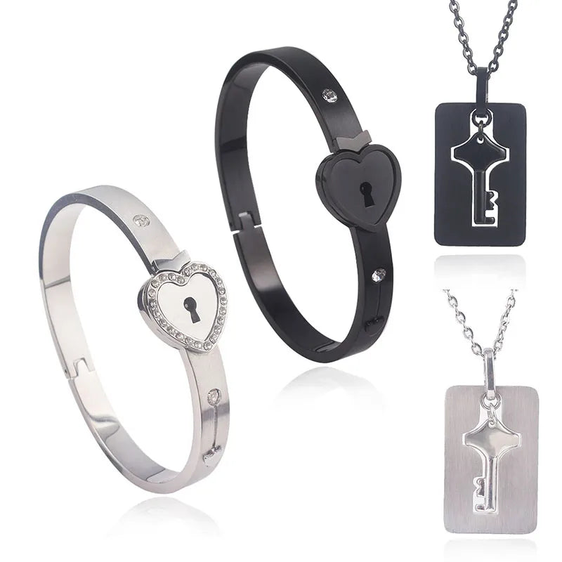 Stainless Steel Key Pendant  | Black Heart Bracelet | Lover couple Valentines Day Gift