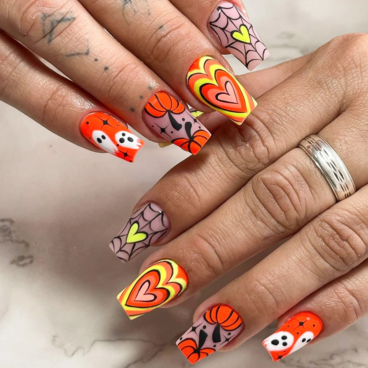24 Cute Orange Halloween Nails | Halloween Series Cute Love Pumpkin Ghost Pattern Nail