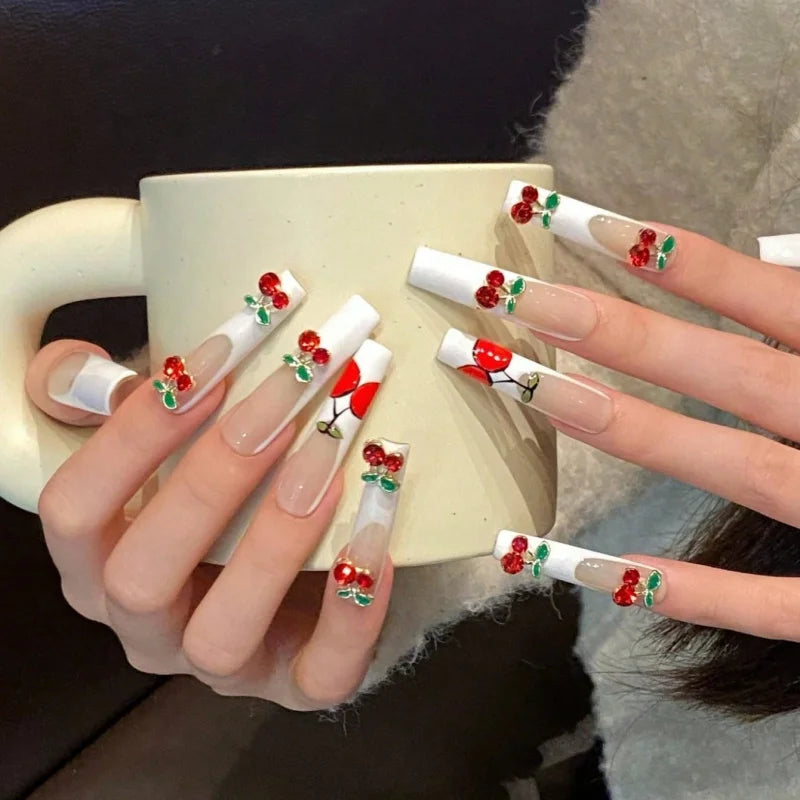 10 Cherry Red Long Nails. beautiful fake nails, ultra long cherry nail art, suitable for women