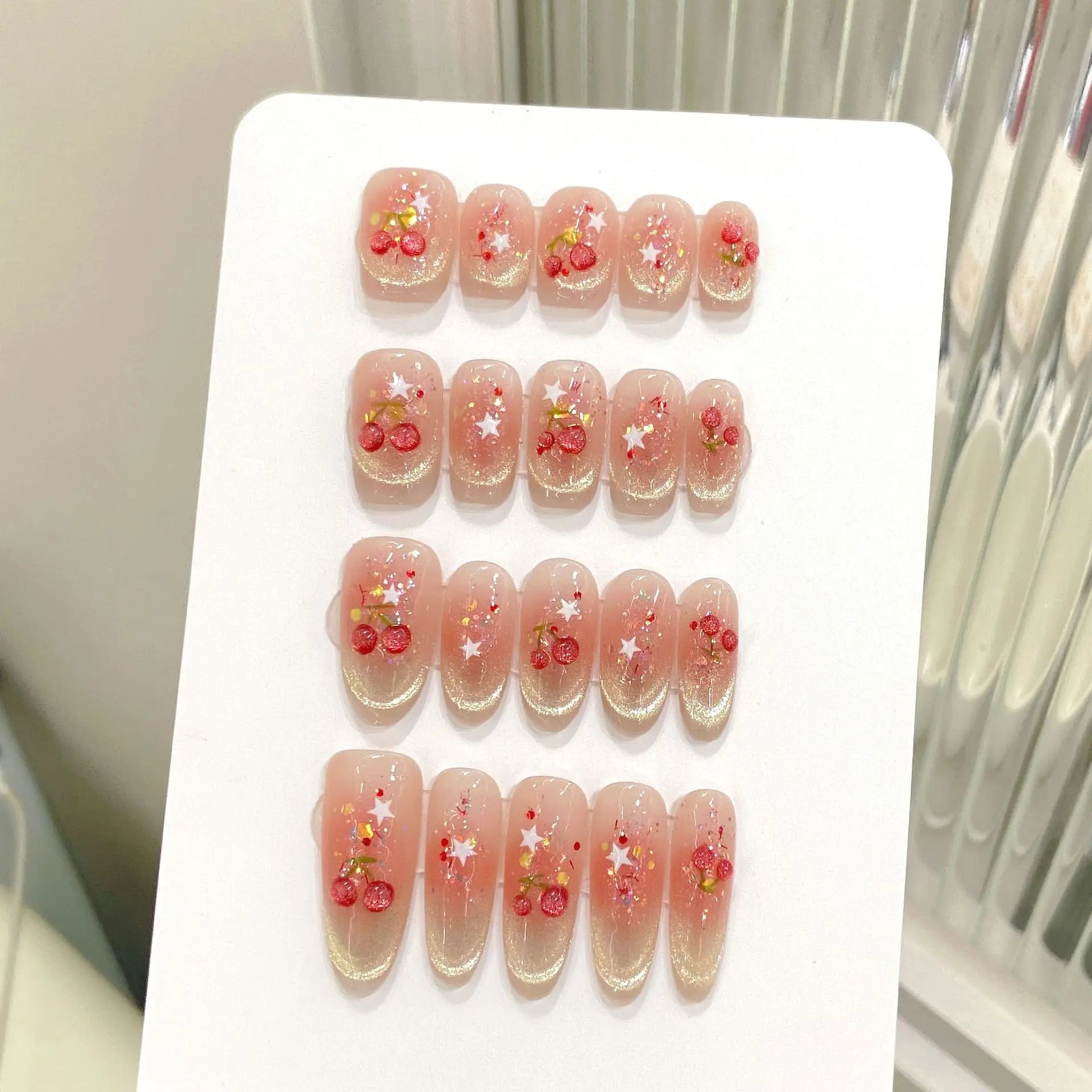 10 Cherry Press On Nails For Women | Shiny Smile Cat's Eye Y2k Star Handmade Fake Nails