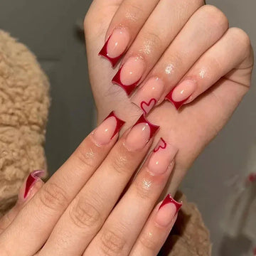 24Pcs Simple Valentines Nails Art | Short Square False Nails with Glue | Love Pattern Press on Nails