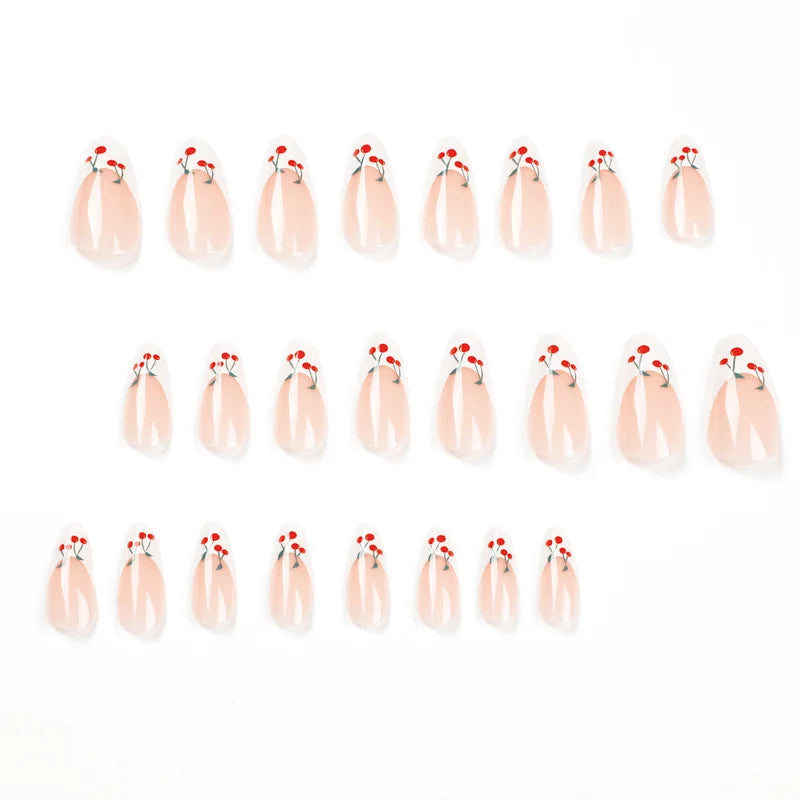 24  Acrylic False Nails | Cherry French Almond Wearable Artificial Fake Nails