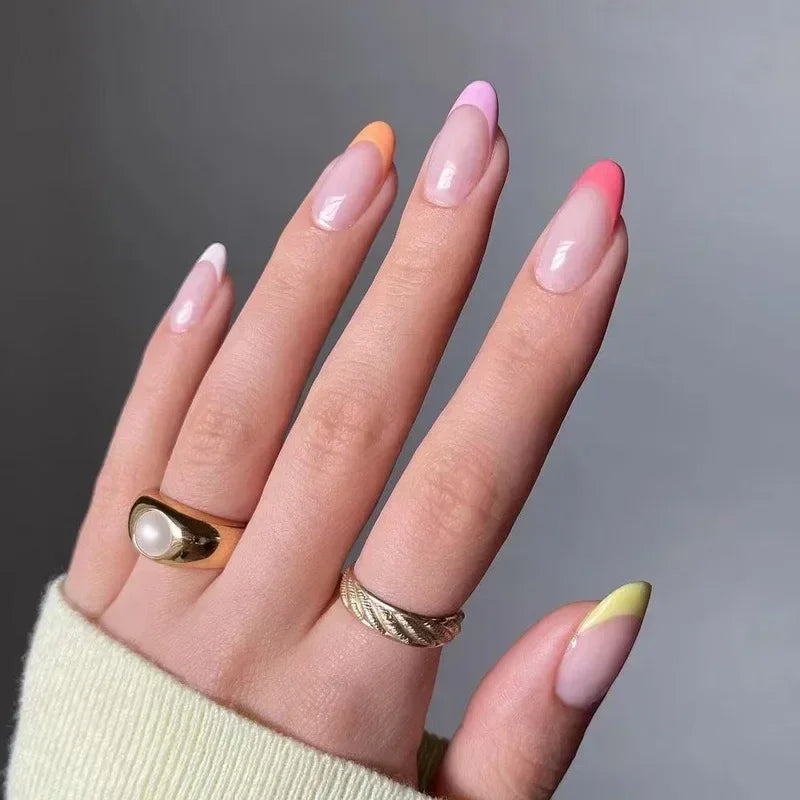 24 Spring Nails Color Ideas | Almond Fake Nails with Wave Line Design Wearable Press on Nail