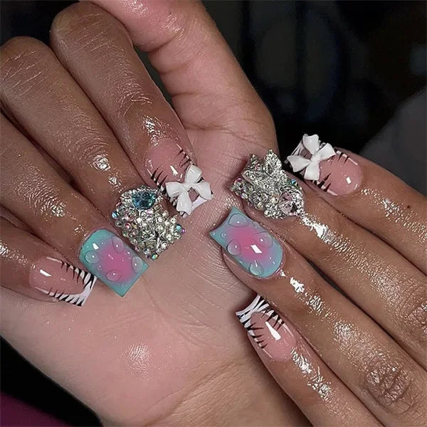 24Pcs 3D Bowknot leopard print french tip nails square