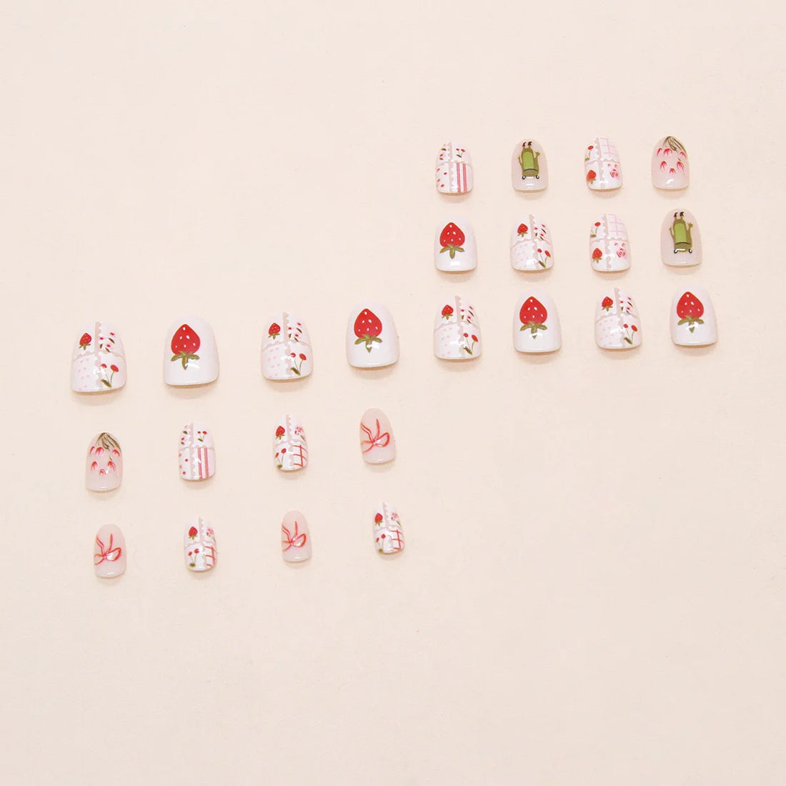 Strawberry Cherry Nails | Short Round Head Fake Nails | Sweet Strawberry Cherry Flower Bowknot | 24 Nails for Girls