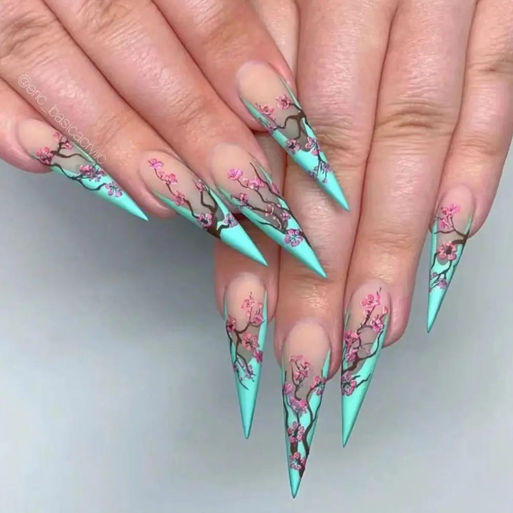 24 Cherry Blossom Stiletto Nails | Plum Blossom Fake Nails Full Cover Nail Tips Press On Nails