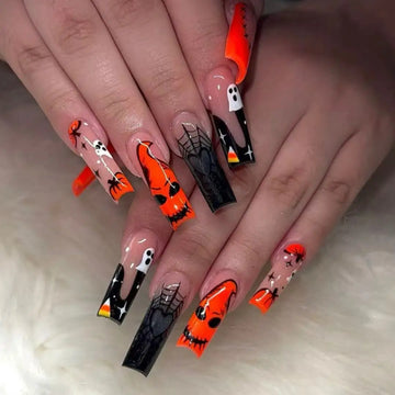 24 Halloween Ghost Nails | Long Coffin Head Fake Nails Women | Halloween False Nails