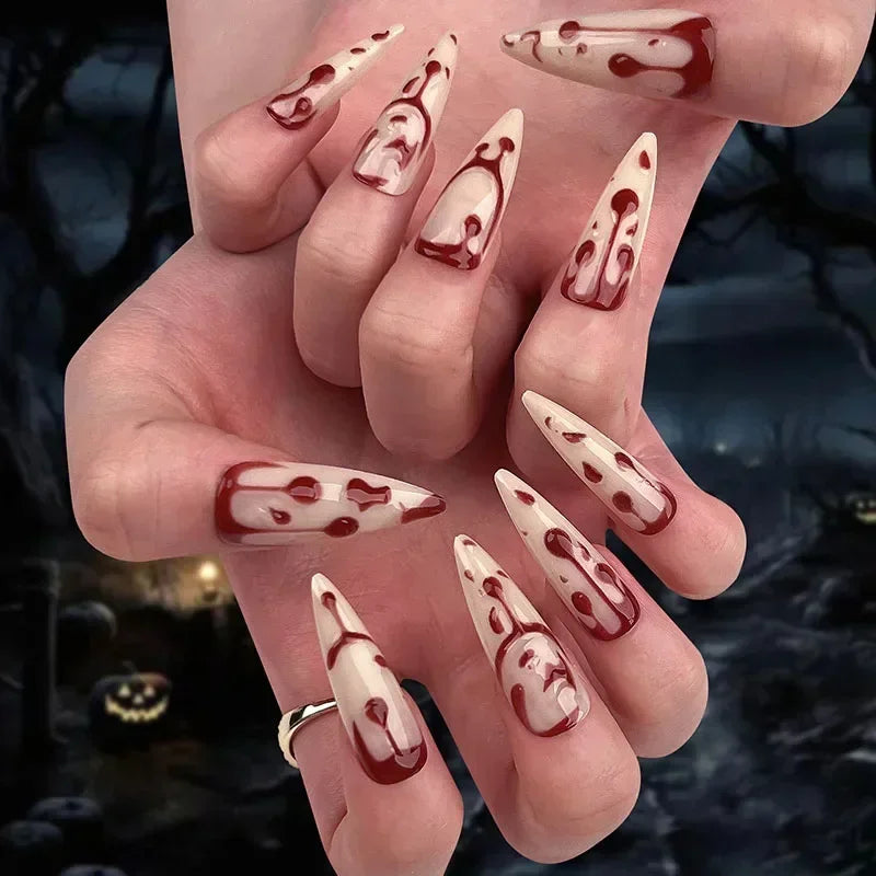 24pcs Bloody Nails Design | Halloween Red Blood Droplet Fake Nails | Halloween Party Nail Decor