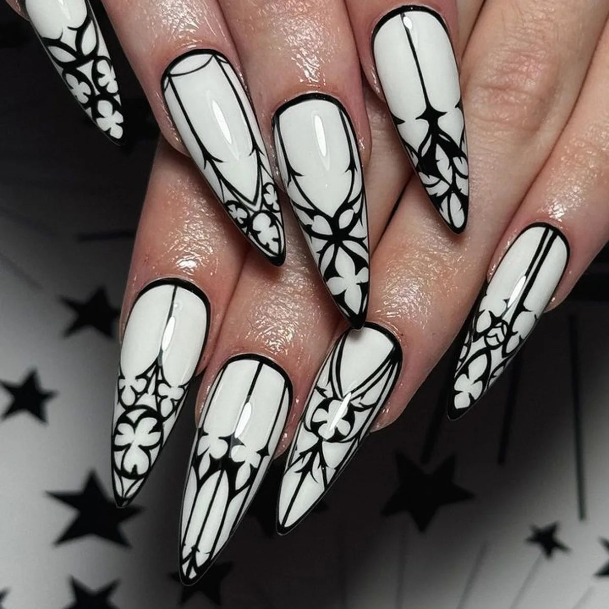 24 Pcs Gothic Fake almond Halloween Nails | Long Press On Nails White Glossy Stick On