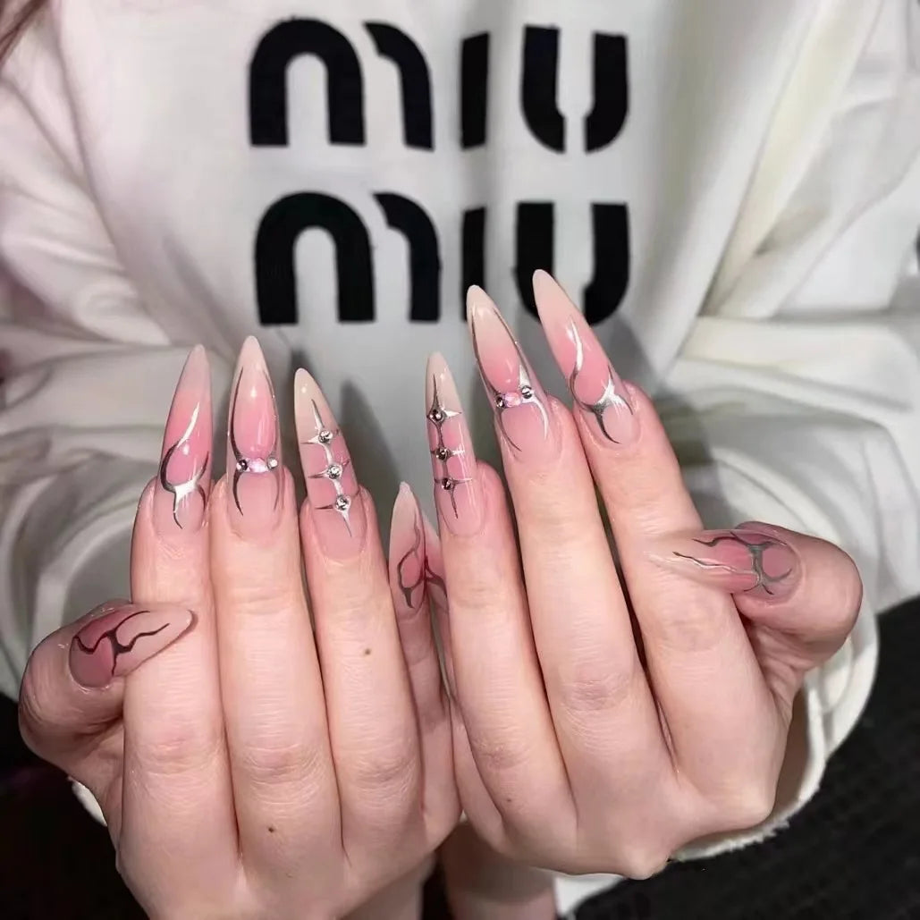 24pcs Long Pointed Gradient Pink False Nails y2k Sliver Flame Printed Wearable Press On Nails Full Finished Acrylic Nail Tips