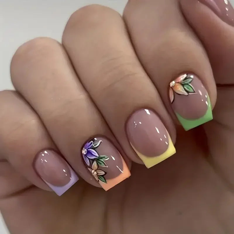 24 Spring French Nail Designs | Colorful French Tip Press On Nails | Flower Pattern Spring Nails