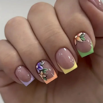 24 Spring French Nail Designs | Colorful French Tip Press On Nails | Flower Pattern Spring Nails