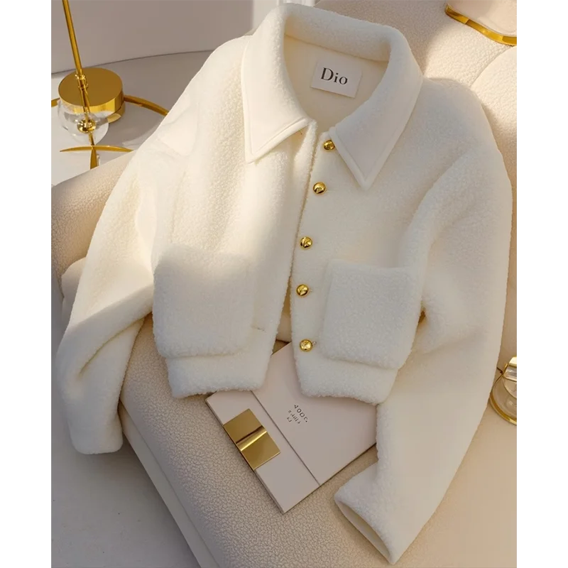 White lambswool coat women's | new one-piece padded warm high-grade jacket long sleeves