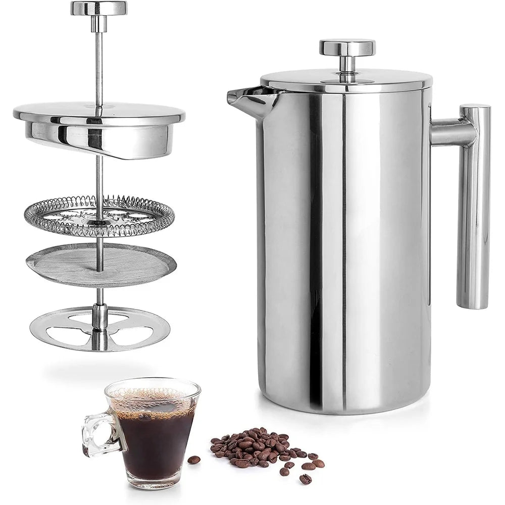 Stainless Steel French Press Coffee Maker Double Wall Insulated 27 Oz Easy Clean 3 Layer Filter Smooth Brew Hot Coffee Tea